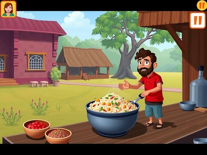 Bihar Biryani Bound game screenshot showing a character cooking biryani in a Bihar village